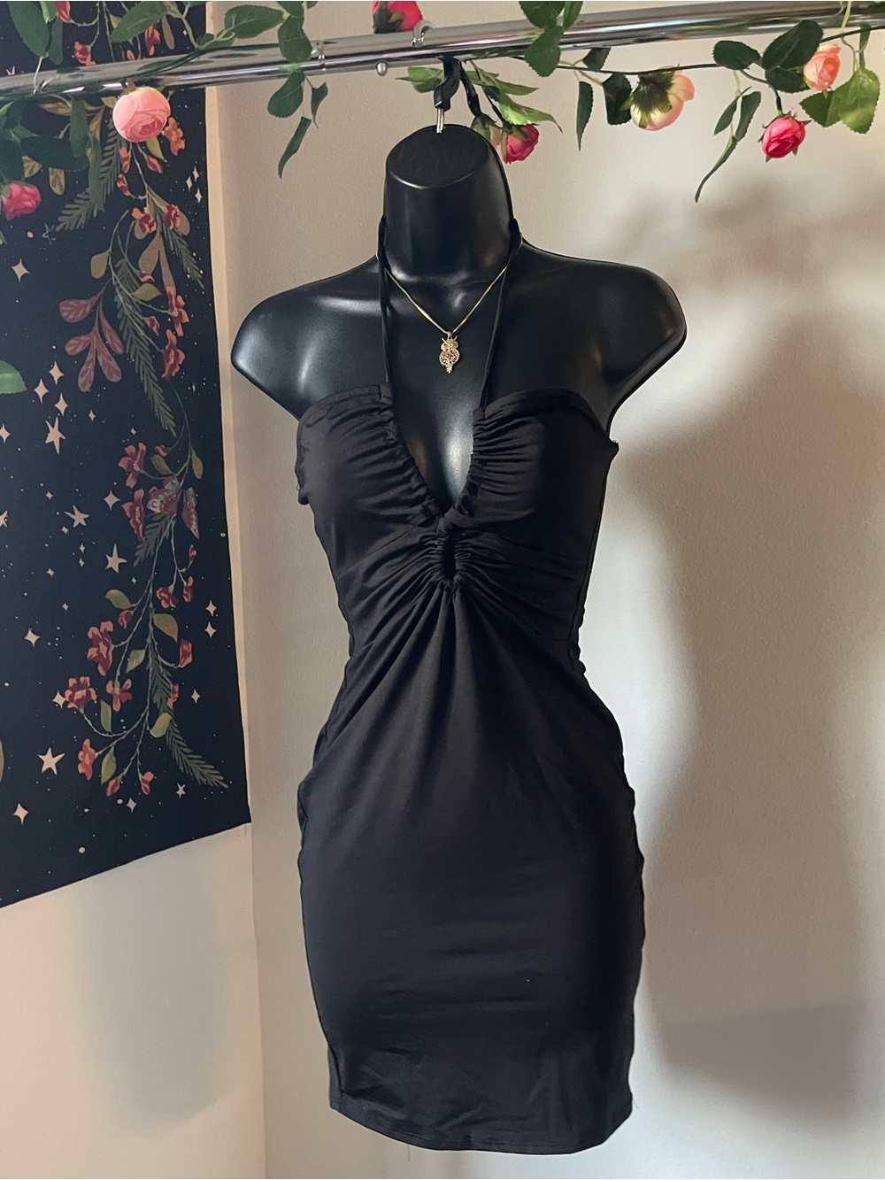 Fashion Nova Black Ruched Halter Mini Dress